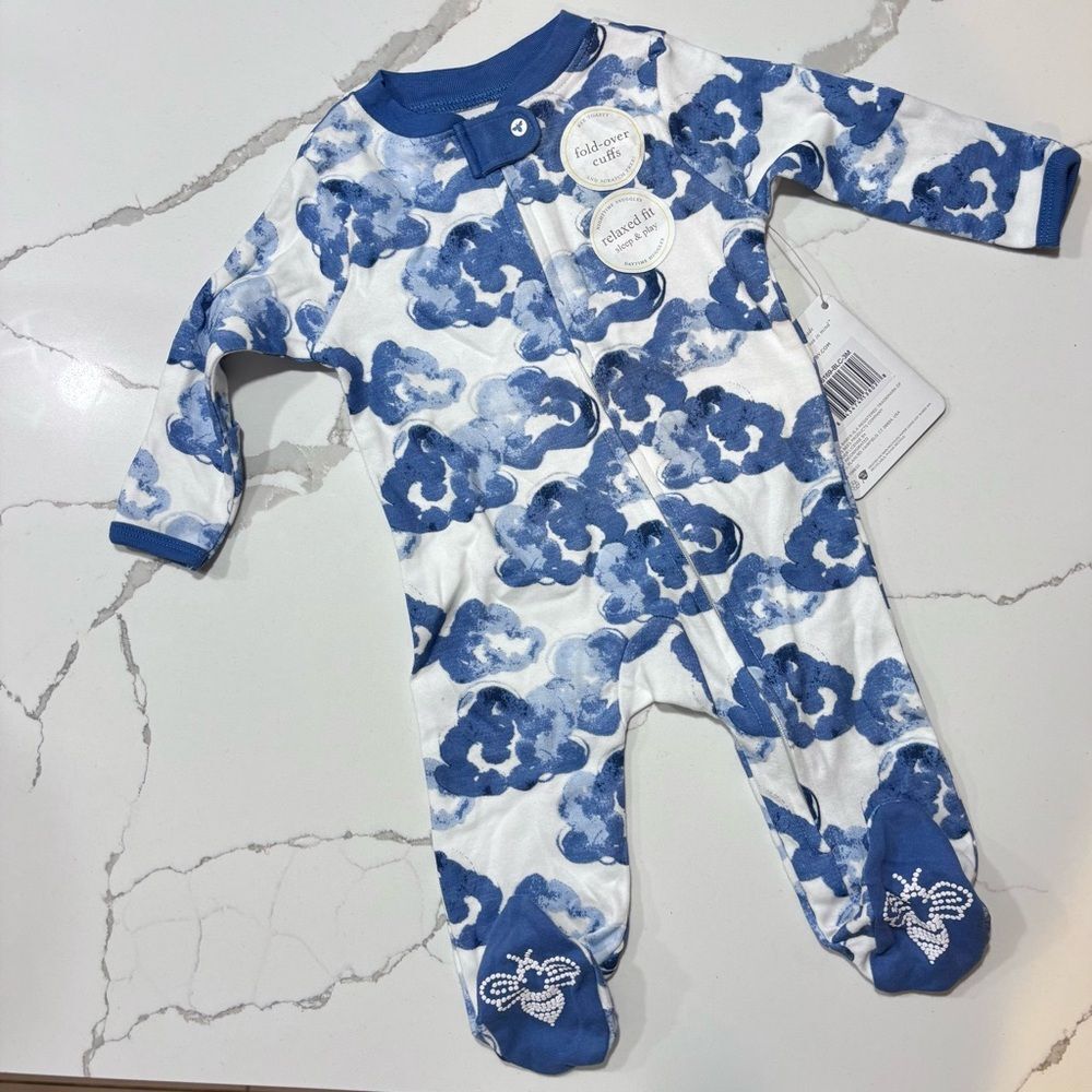 Burt’s Bees White Blue Cloud Pattern 100% Organic Cotton Footie Sleeper 0-3M